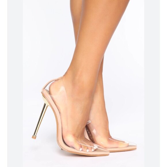 Fashion Nova Action Size 5.5  Clear Mule Air Pumps Stiletto Gold Heels Slip On - Picture 1 of 8